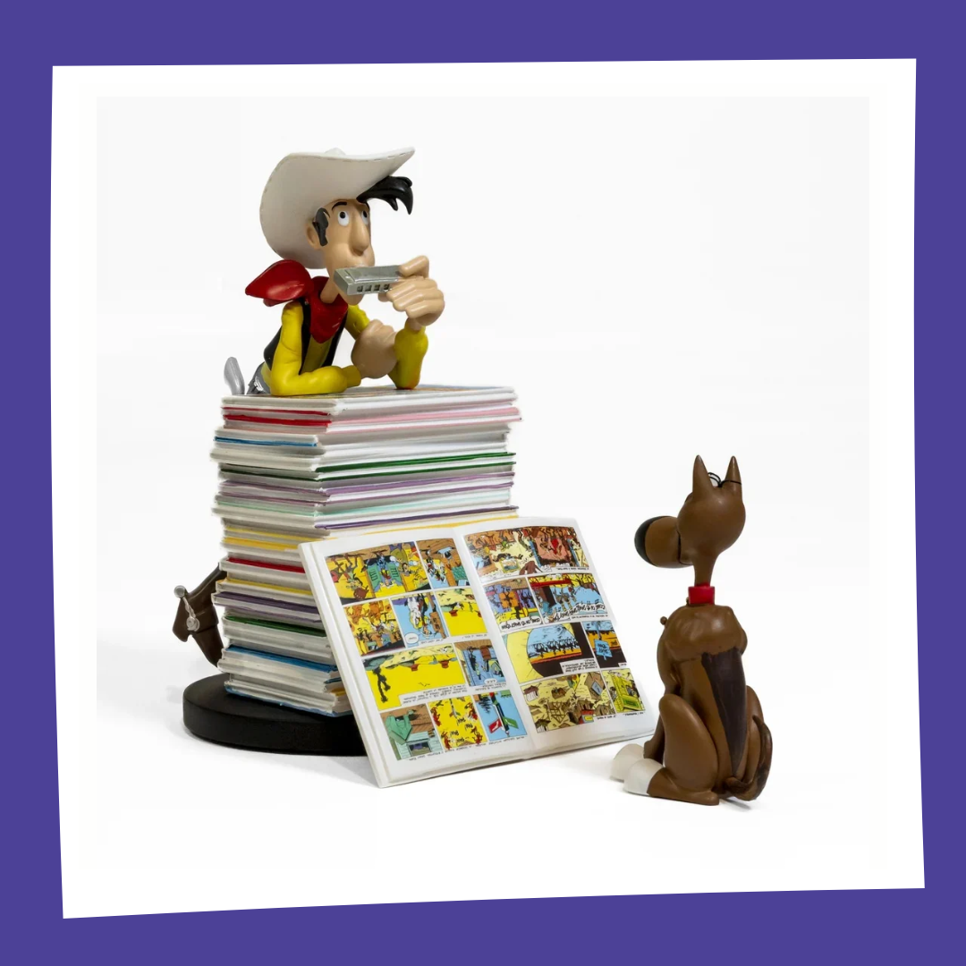 LUCKY LUKE - Lucky Luke & Rantamplan sur pile de BD - Figurine 25cm